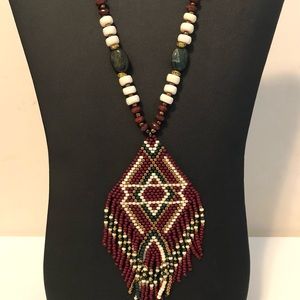 Beaded boho festival necklace with handmade beaded red pendant
